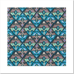 Ethnic geometric carpet  blue brown Posters and Art